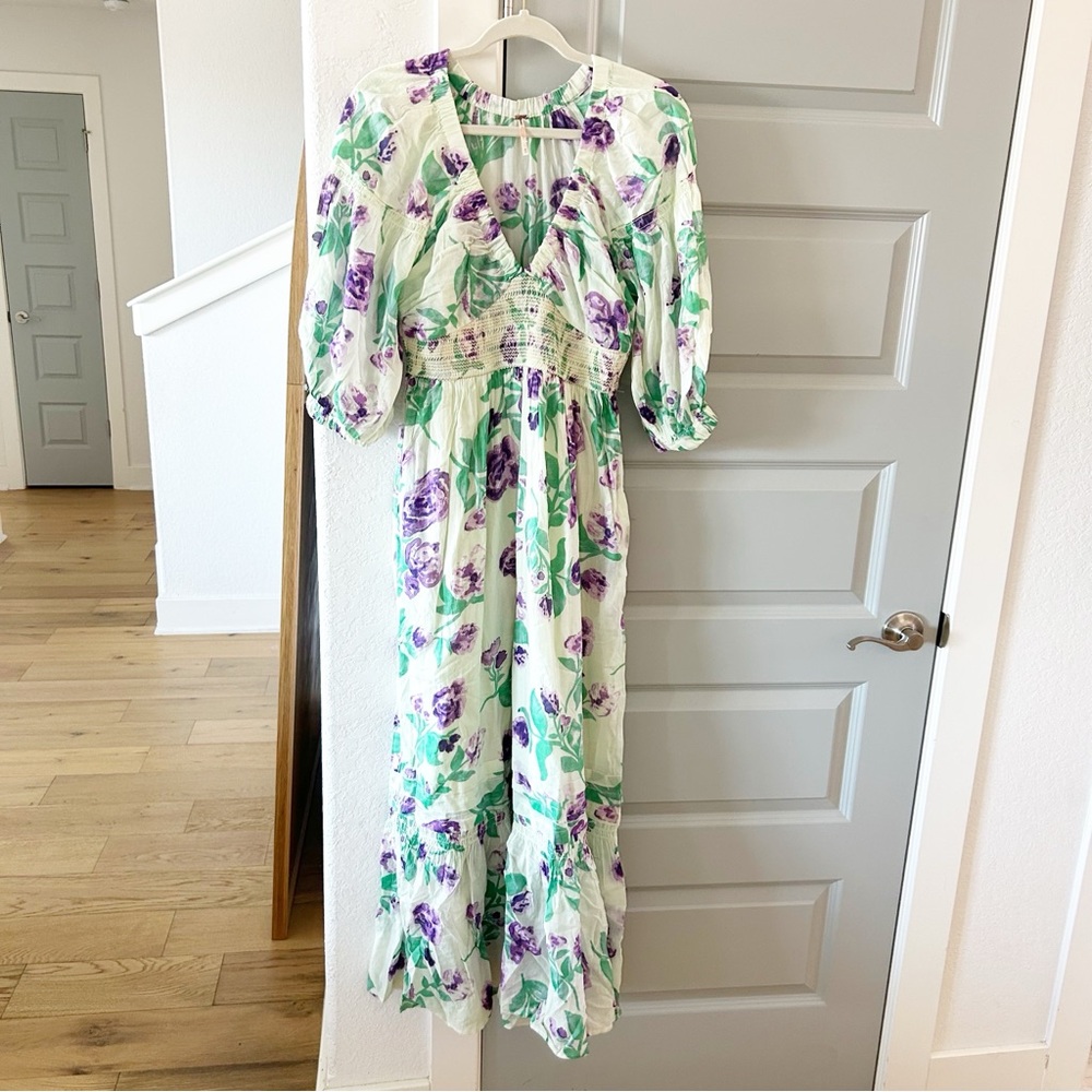 New Free People Golden Hour Maxi Dress Saltwater Combo Green Floral - Picture 3 of 5